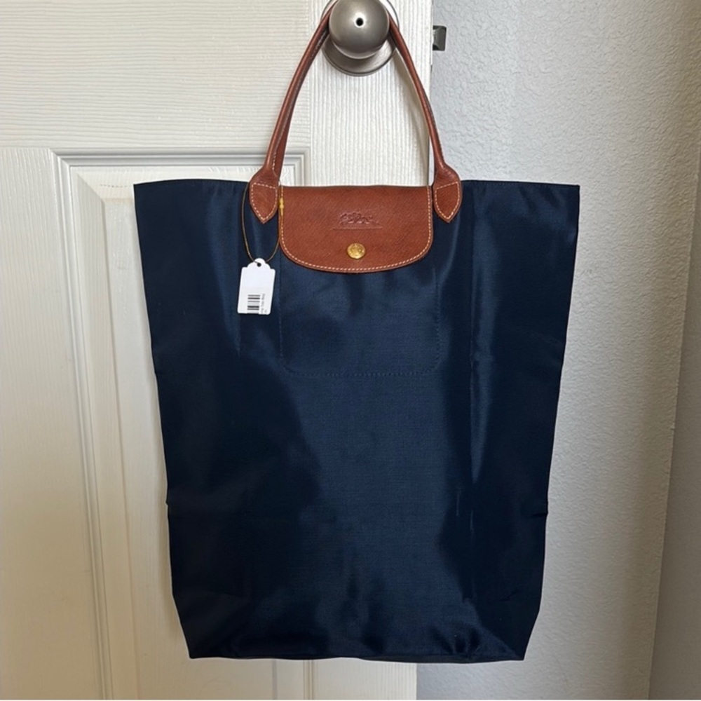 LONGCHAMP Large Navy Blue Nylon Brown Leather Monogram Handbag